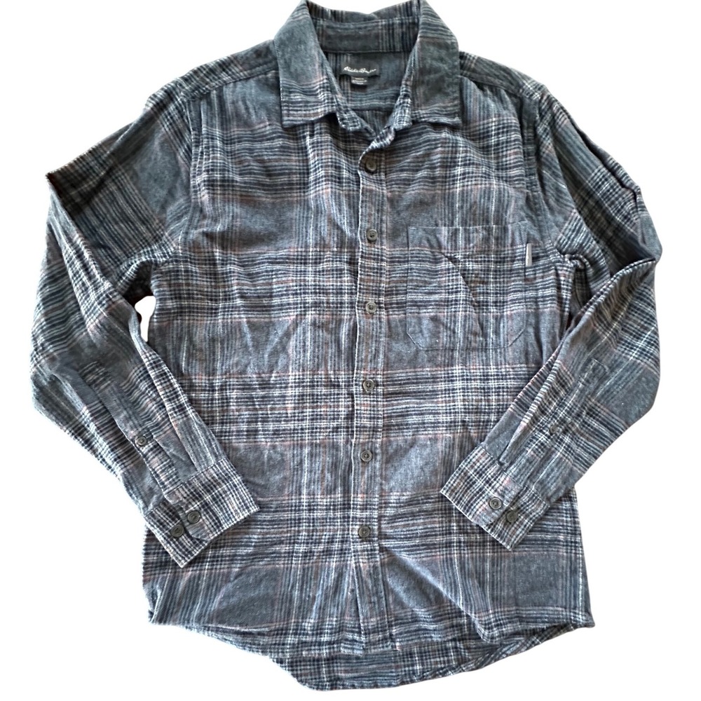 Eddie Bauer Mens Small Gray Blue Plaid Cotton Flannel Button Down Shirt